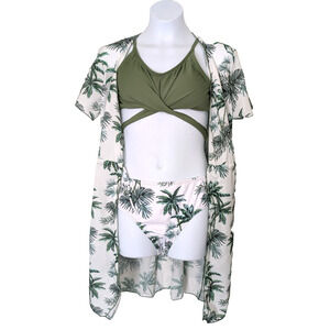 Girls 3 Piece Bikini Wrap Around Kimono Cover Up 13/14 White Green Palm Trees